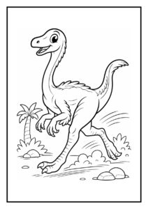 Leuke kleurplaat van een vrolijke Gallimimus dinosaurus die rent achter een vlinder aan in een prehistorisch landschap met planten en rotsen.