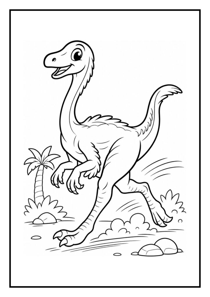 Leuke kleurplaat van een vrolijke Gallimimus dinosaurus die rent achter een vlinder aan in een prehistorisch landschap met planten en rotsen.