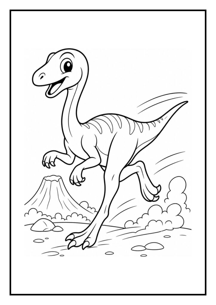 Leuke kleurplaat van een vrolijke velociraptor die rent in een prehistorisch landschap met een vulkaan op de achtergrond.