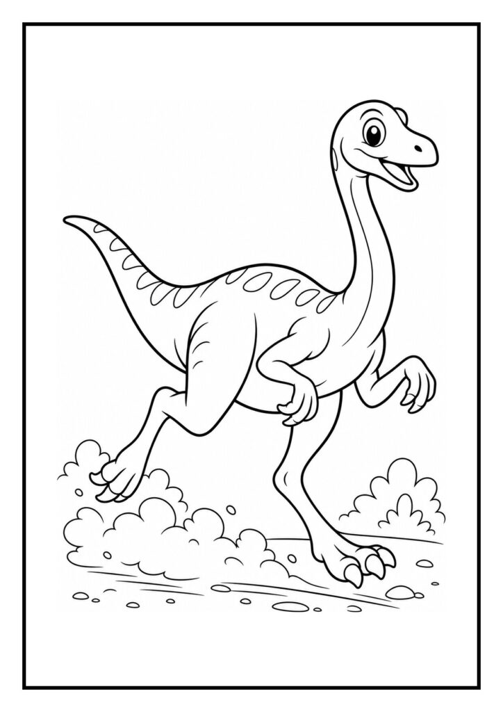 Kleurplaat van een vrolijke Gallimimus dinosaurus die over een kleine tak springt in een voorhistorische omgeving