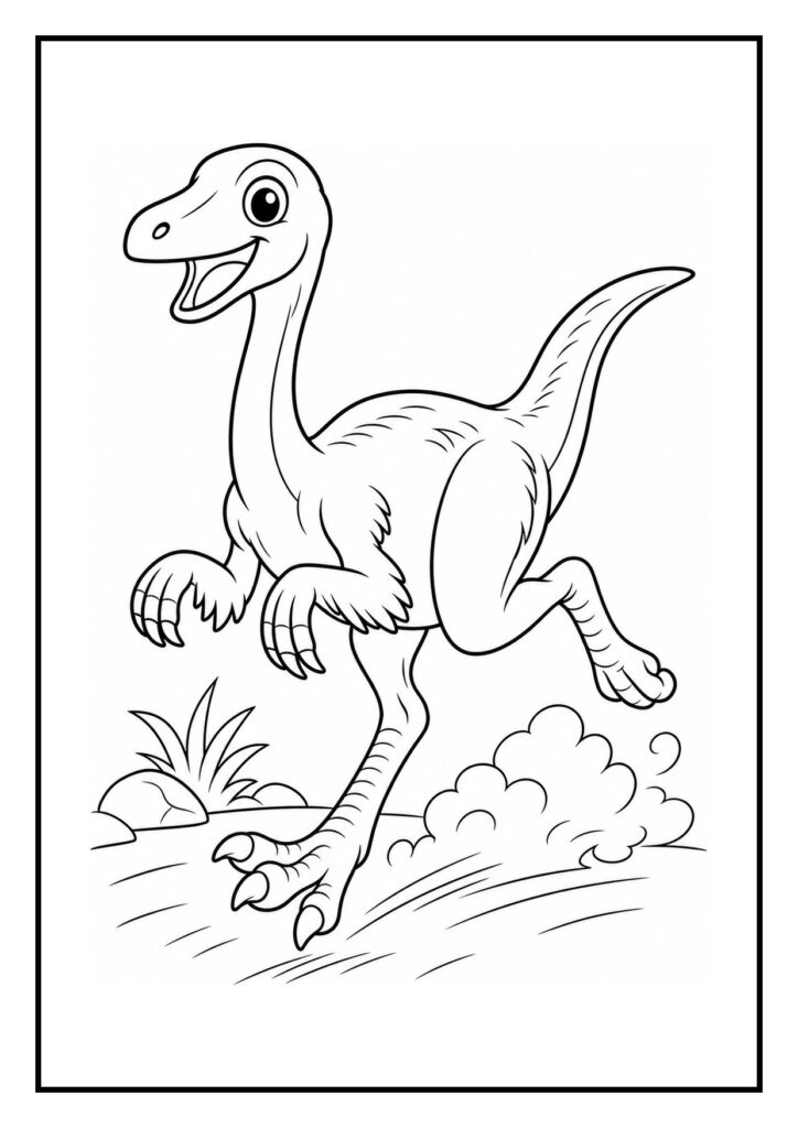Kleurplaat van een Gallimimus dinosaurus die drinkt uit een prehistorische plas op een eenvoudige achtergrond