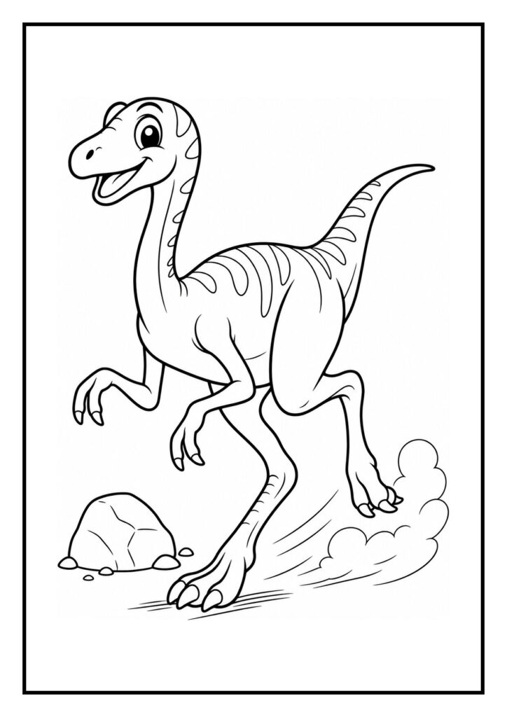 Leuke kleurplaat van een vrolijke velociraptor die een vrucht uit een struik plukt met een rots op de achtergrond