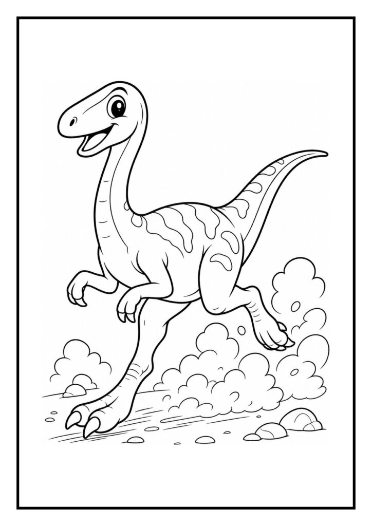Leuke kleurplaat van een vrolijke Gallimimus dinosaurus die rent met stofwolken achter zich.