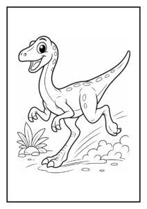 Leuke kleurplaat van een vrolijke snelheidige velociraptor met grote ogen en een speels uiterlijk