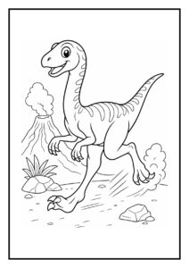 Vrolijke velociraptor die zich omdraait met een rokende vulkaan op de achtergrond, simpele en schattige dinosaurus kleurplaat voor peuters.