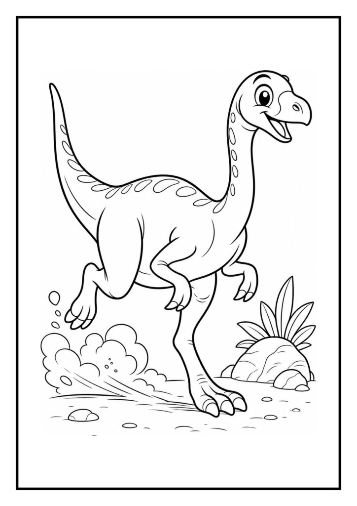 Leuke kleurplaat van een vrolijke Gallimimus dinosaurus die een klein nest beschermt, met planten en stenen op de achtergrond.