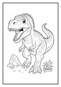 Kleurplaat van een Carcharodontosaurus die stiekem op een prooi jaagt in de zandduinen onder een zonnige hemel.