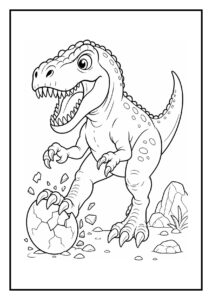 Vrolijke T-Rex die door een struik breekt en speelt met een gebarsten dinosaurus ei