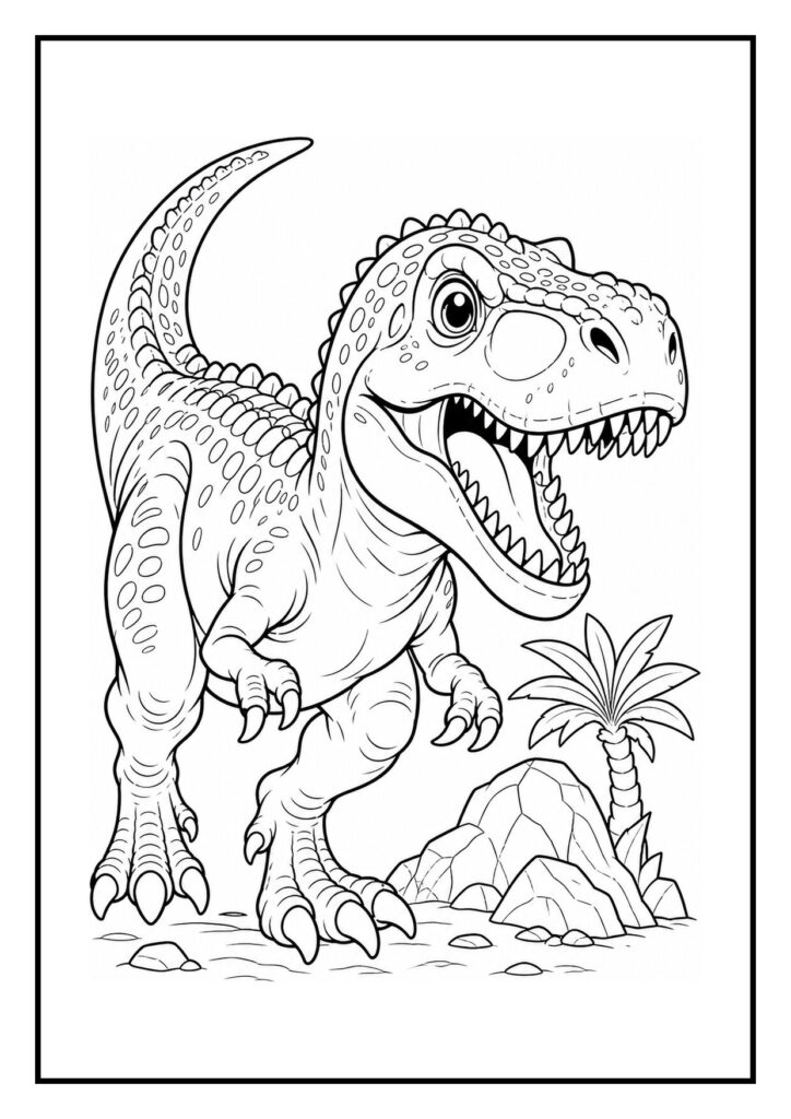 Speelse T-Rex dinosaurus die een rots beklimt met grote tanden en een palmboom op de achtergrond
