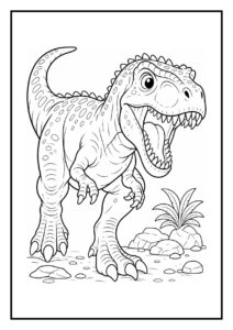 Cartoonachtige T-Rex die jacht maakt op een vis bij de riviermonding met planten en stenen op de achtergrond