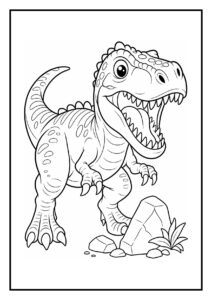 Vrolijke T-Rex kleurplaat met een speelse dinosaurus die een rivaal wegjaagt tussen stenen en planten