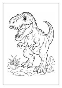 Kleurplaat van een Carcharodontosaurus die een prooi in de lucht grijpt in een prehistorisch decor