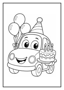 Vrolijke auto met feesthoed blaast kaarsjes uit op een verjaardagstaart met ballonnen