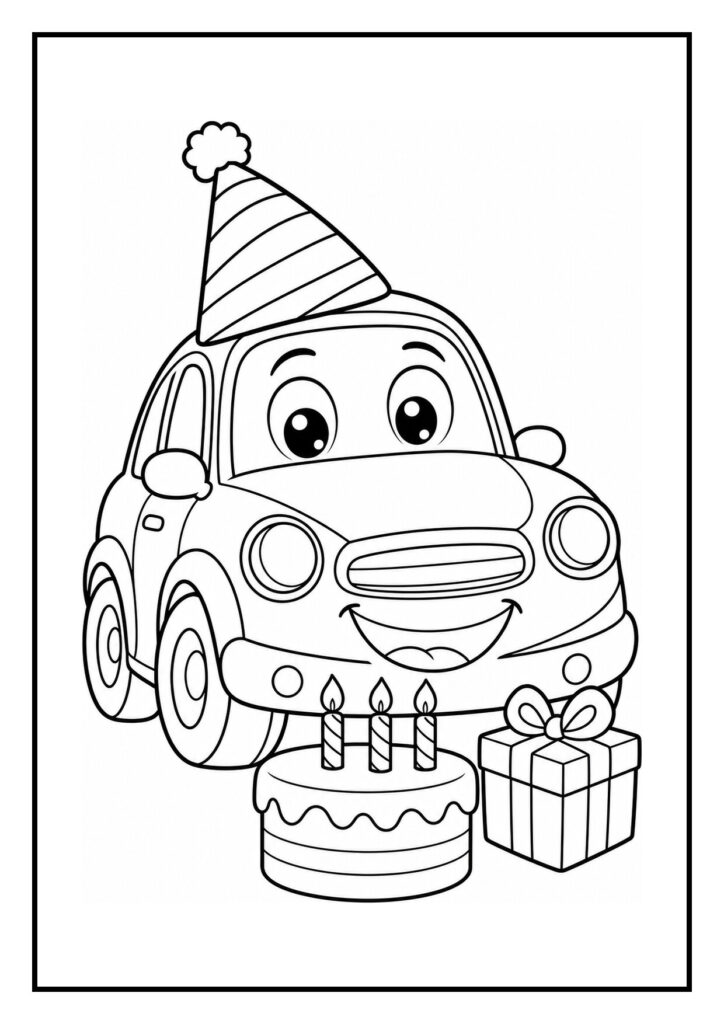 Kleurplaat van een lachende auto met grote ogen en een verjaardagsmuts, die een cadeaudoos opent met een verjaardagstaart en cadeau ervoor.