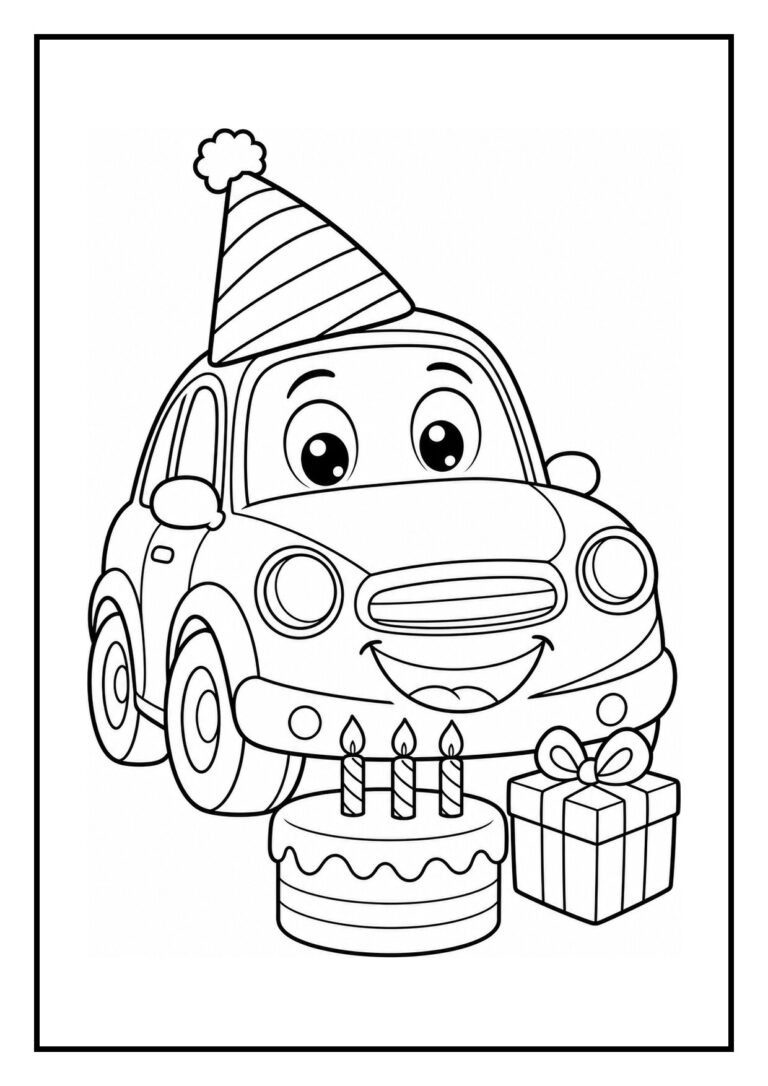 Kleurplaat van een lachende auto met grote ogen en een verjaardagsmuts, die een cadeaudoos opent met een verjaardagstaart en cadeau ervoor.