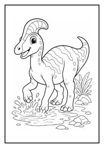 Kleurplaat van een vrolijke parasaurolophus dinosaurus die water opspat bij een rivier met planten en stenen om zich heen.