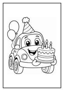 Vrolijke kleurplaat van een auto met feesthoed, ballonnen en een verjaardagstaart met kaarsjes