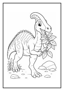 Vrolijke Corythosaurus die aan een hangende tak met bladeren knabbelt in een bosrijke omgeving