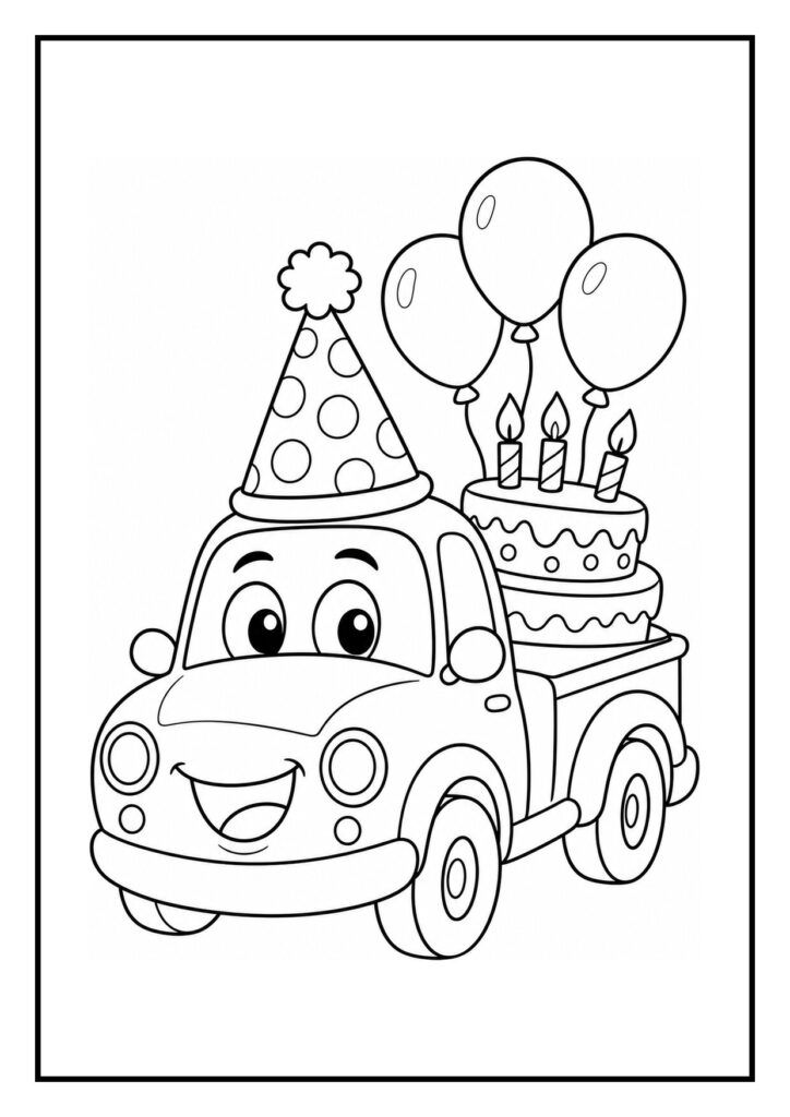 Kleurplaat van een lachende auto met een feestmuts, slingers, ballonnen en een verjaardagstaart met kaarsjes