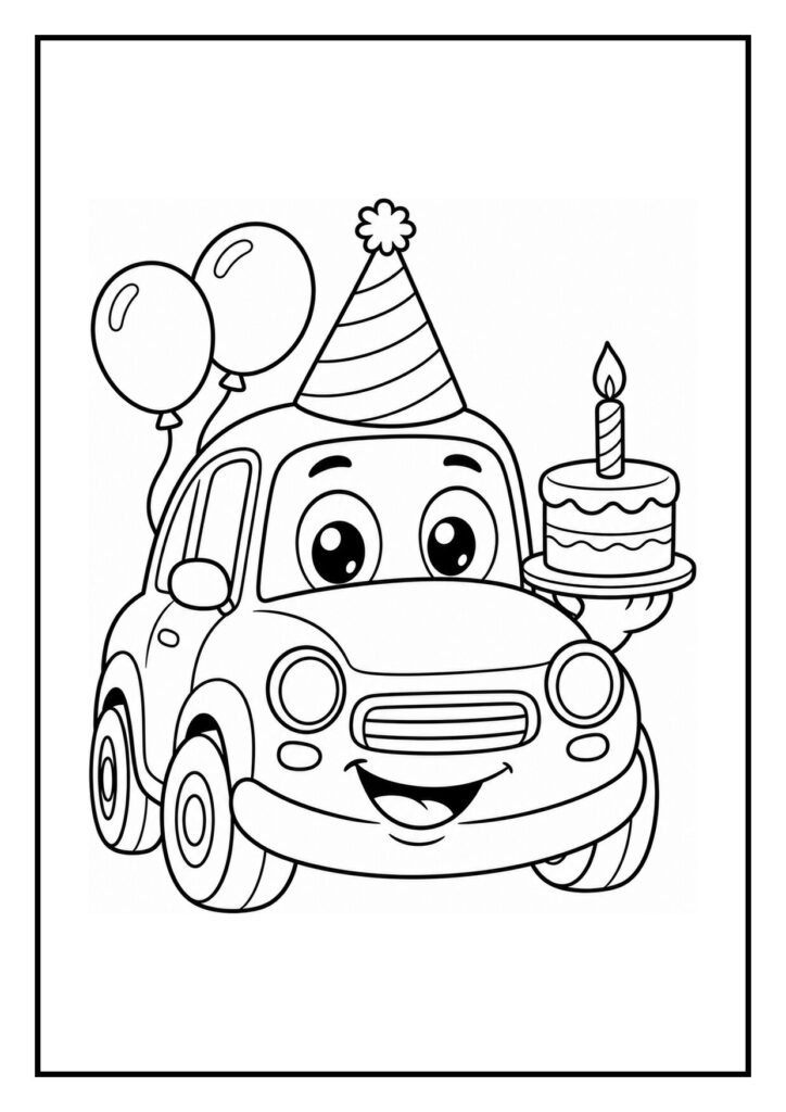 Kleurplaat van een vrolijke auto met een feesthoed, ballonnen en een taart met kaarsje onder een verjaardagsboog
