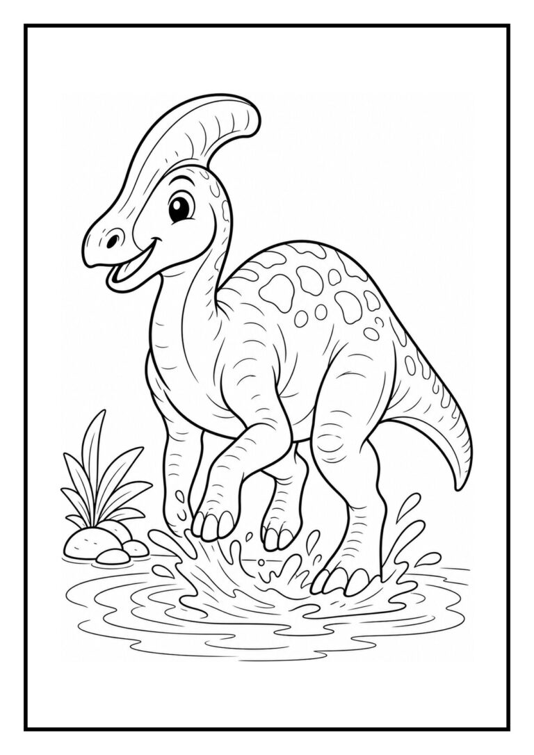 Leuke kleurplaat van een vrolijke Parasaurolophus baby die door regen en water rent met planten en stenen op de achtergrond
