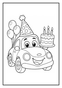 Kleurplaat van een vrolijke auto met een feesthoed, ballonnen en een verjaardagstaart met drie kaarsjes