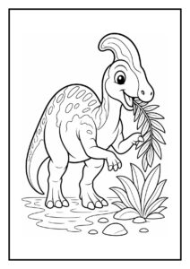 Kleurplaat van een Corythosaurus die een vriend begroet met een kopknik in een bosrijke omgeving