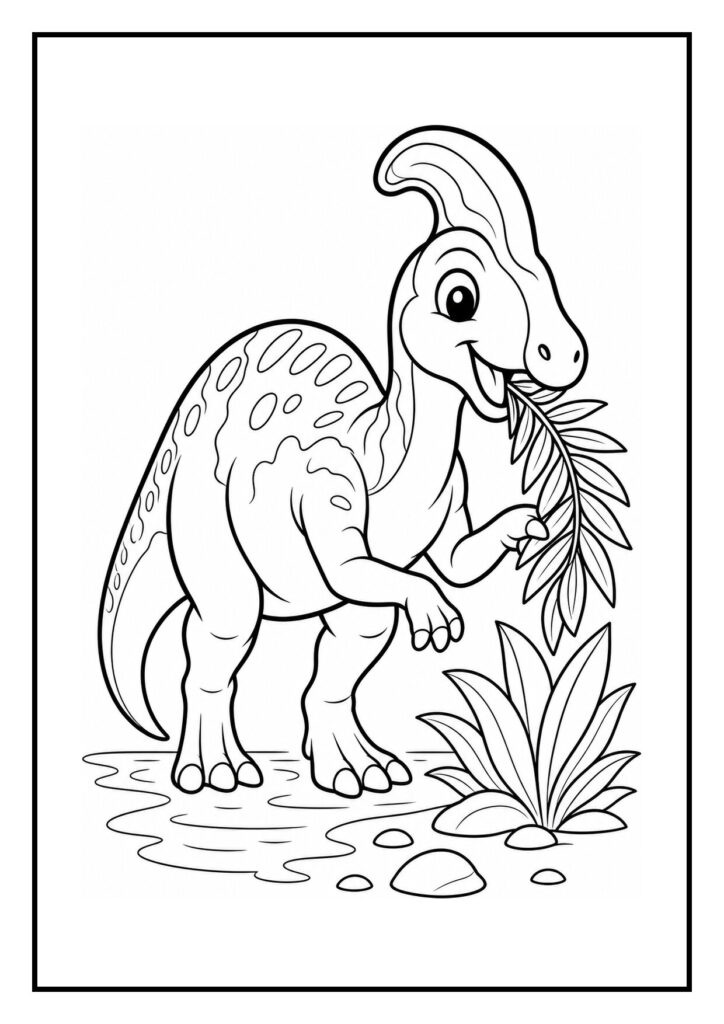 Kleurplaat van een Corythosaurus die een vriend begroet met een kopknik in een bosrijke omgeving