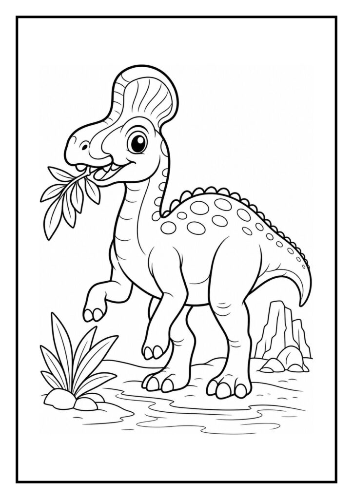 Kleurplaat van een vrolijke Corythosaurus die uit een zacht heuveltje omhoogklimt in een prehistorisch landschap