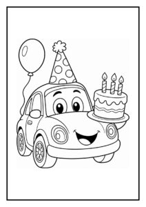 Kleurplaat van een vrolijke auto met een feesthoed, een ballon en een verjaardagstaart met kaarsjes.