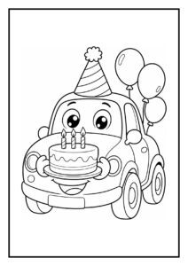 Kleurplaat van een vrolijke auto met een feestmuts die een verjaardagstaart met kaarsjes vasthoudt en ballonnen heeft.