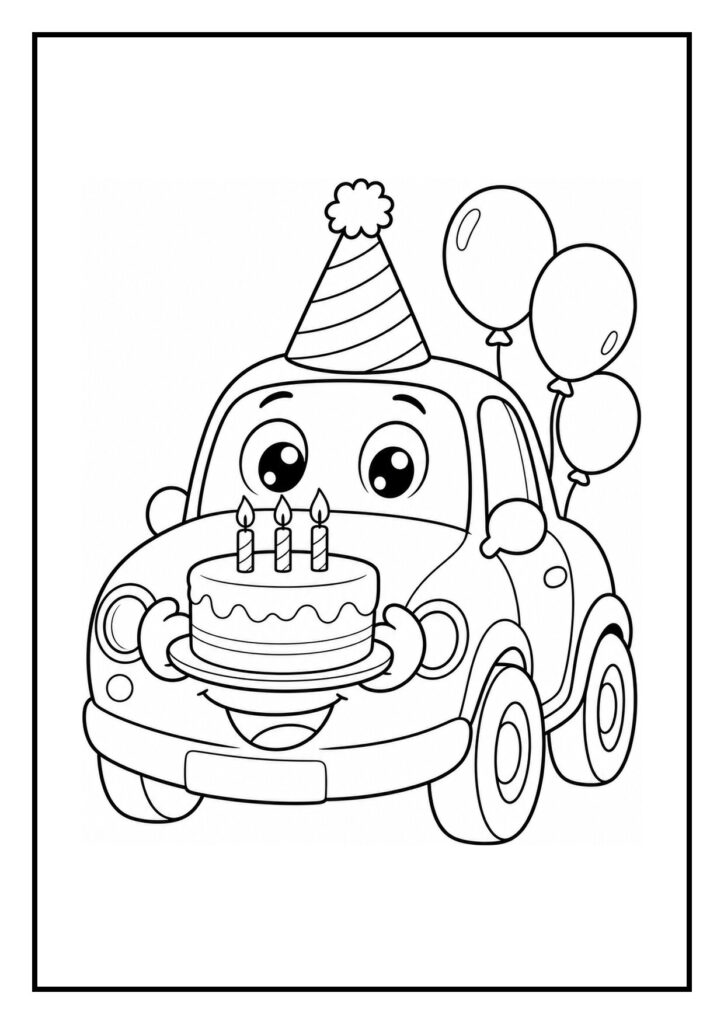 Kleurplaat van een vrolijke auto met een feestmuts die een verjaardagstaart met kaarsjes vasthoudt en ballonnen heeft.