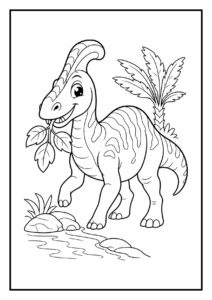 Kleurplaat van een schattige Parasaurolophus dinosaurus die vrolijk een heuvel afglijdt in een bosrijke omgeving.