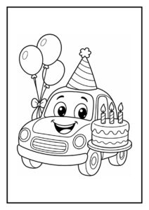 Leuke kleurplaat van een vrolijke auto met een feestmuts, ballonnen en een verjaardagstaart met kaarsjes.