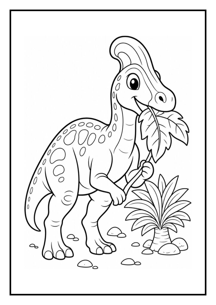 Kleurplaat van een Corythosaurus die een grote stapel bladeren omduwt in een vrolijke scène