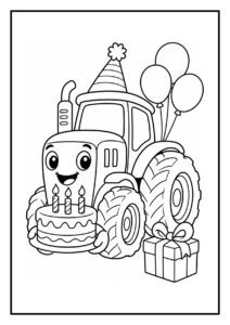 Kleurplaat van een vrolijke tractor met feesthoed, ballonnen, verjaardagstaart en cadeau.