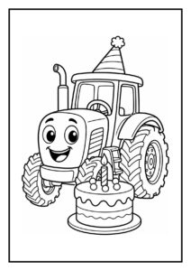 Kleurplaat van een vrolijke boerderijtractor met een feestmuts die een feestelijke verjaardagstaart op een aanhanger trekt