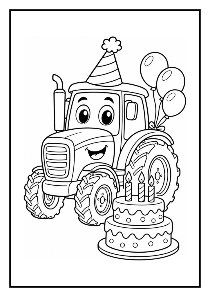 Kleurplaat van een blije tractor met feestmuts die door een verjaardagsbogenpoort rijdt met ballonnen en verjaardagstaart.