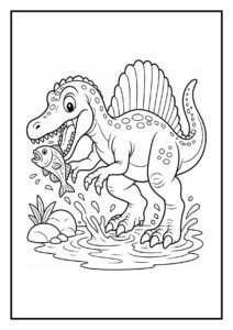 Kleurplaat van een vrolijke Spinosaurus die met zijn snuit in het water duikt om een vis te vangen