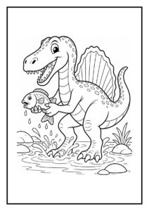 Kleurplaat van een vrolijke Spinosaurus die een grote vis vasthoudt in het water.