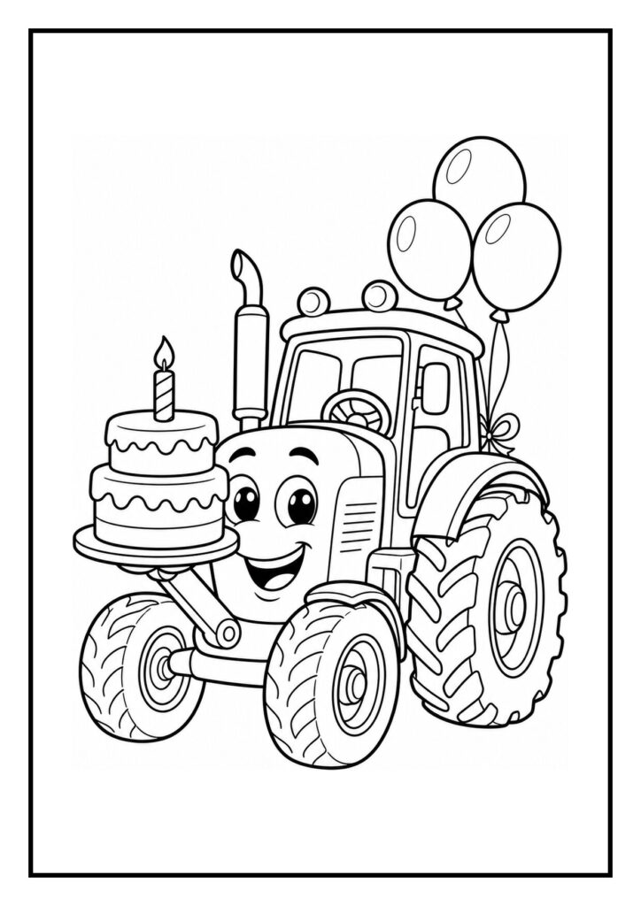 Kleurplaat van een lachende tractor die een verjaardagstaart vasthoudt met ballonnen en een vlaggenlijn op de achtergrond.