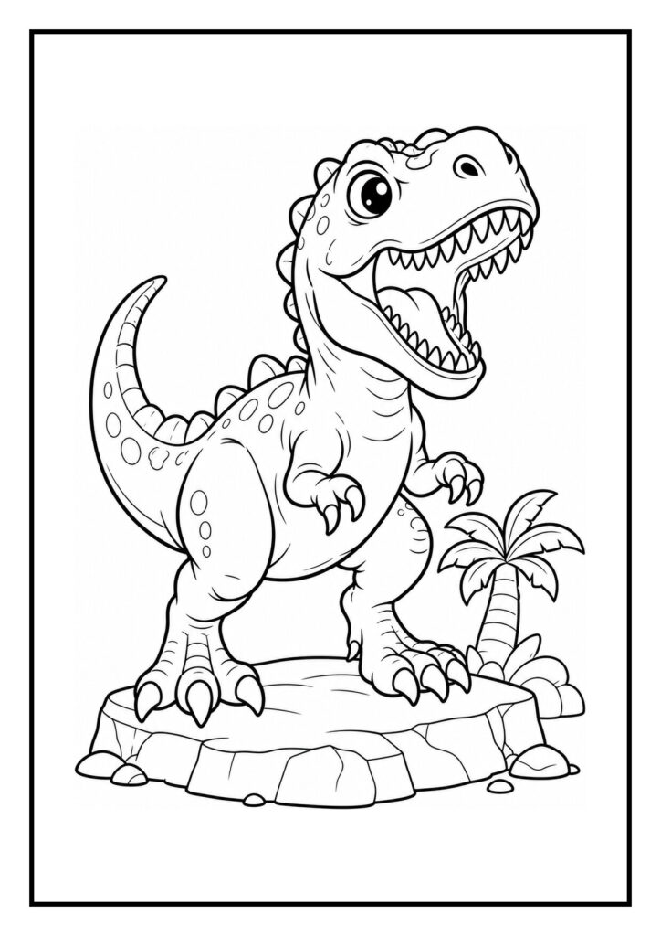 Vrolijke T-Rex die op een rots staat en brult naast een palmboom in een prehistorische jungle