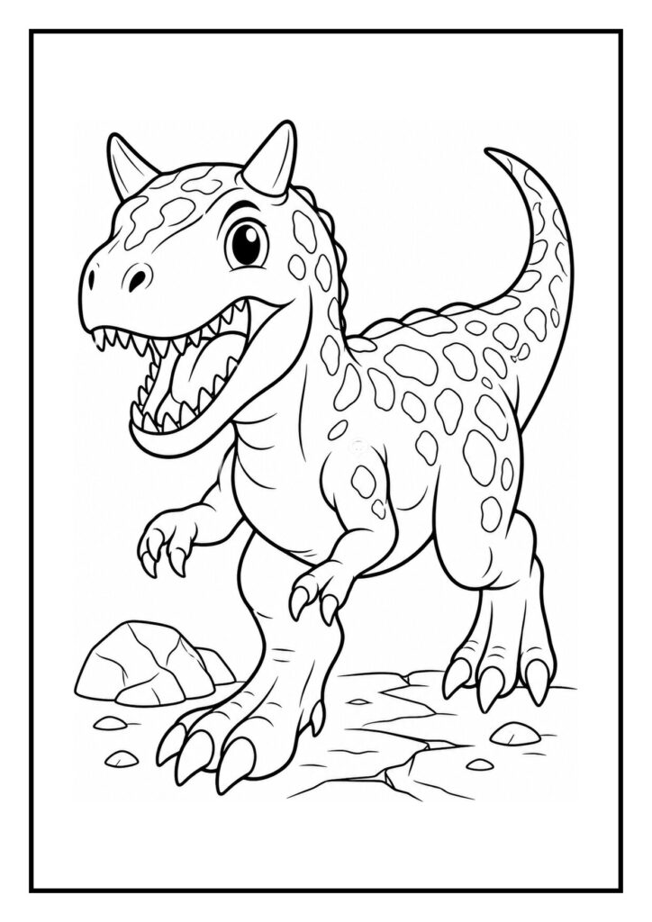 Leuke kleurplaat van een vrolijke T-Rex dinosaurus die een vis uit de rivier steelt met grote ogen en een speelse uitstraling
