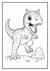 Leuke kleurplaat van een schattige Carnotaurus die vrolijk uit een ei breekt.