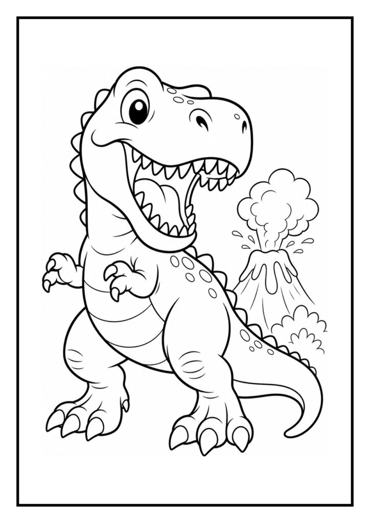 Kleurplaat van een schattige T-Rex die hapert naar een vliegende vlieger met een eruptieve vulkaan op de achtergrond