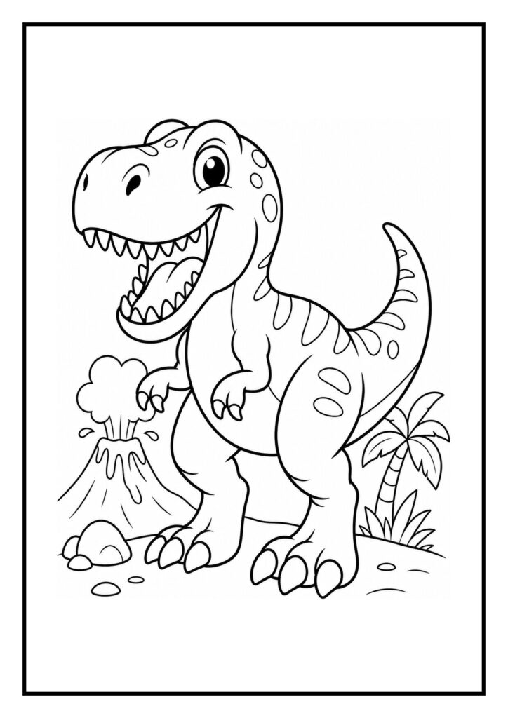 Vrolijke T-Rex die speelt en spettert in een modderplas met vulkaan en palmbomen op de achtergrond