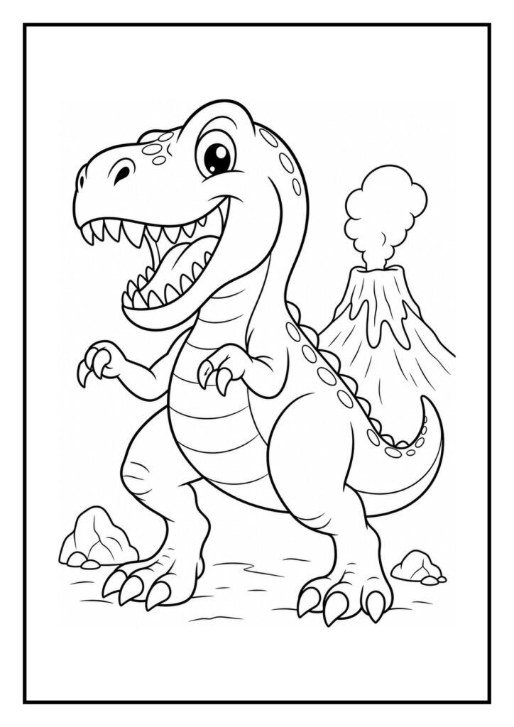 Vrolijke T-Rex dinosaurus die zijn ei zoekt met een vulkaan op de achtergrond, kindvriendelijke kleurplaat.