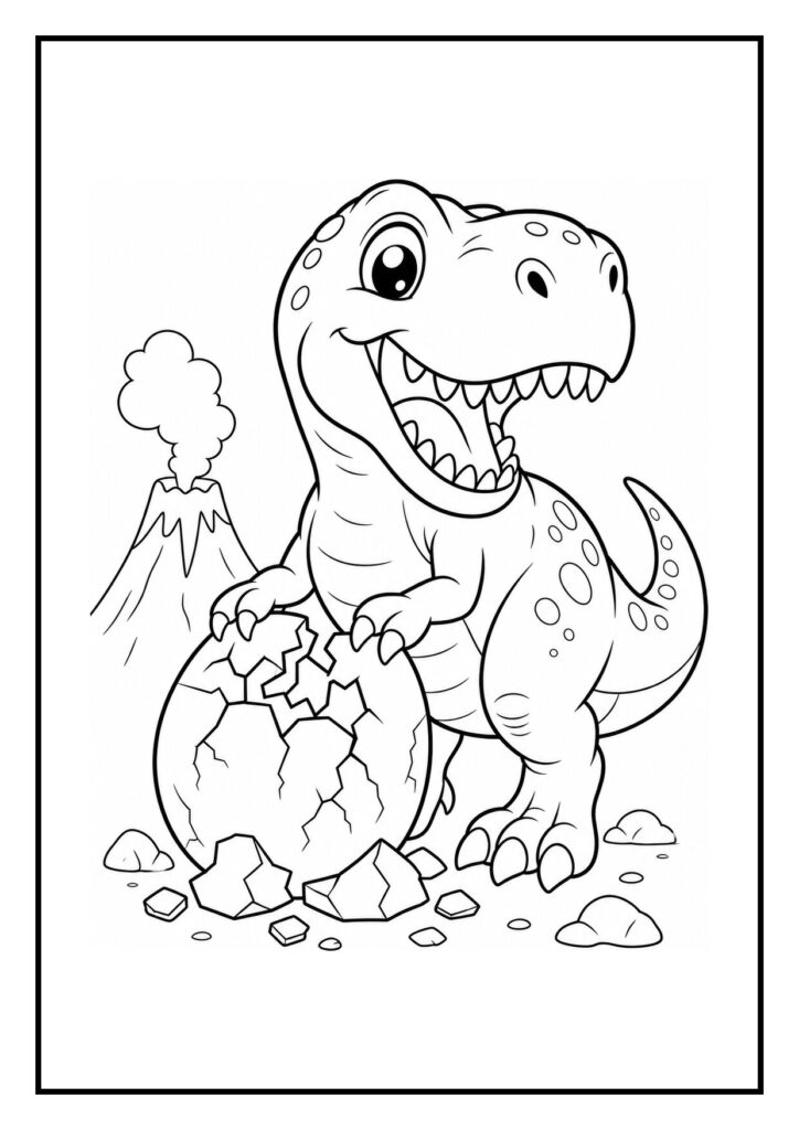 Leuke kleurplaat van een vrolijke baby T-Rex die uit een gebroken ei komt met een vulkaan op de achtergrond