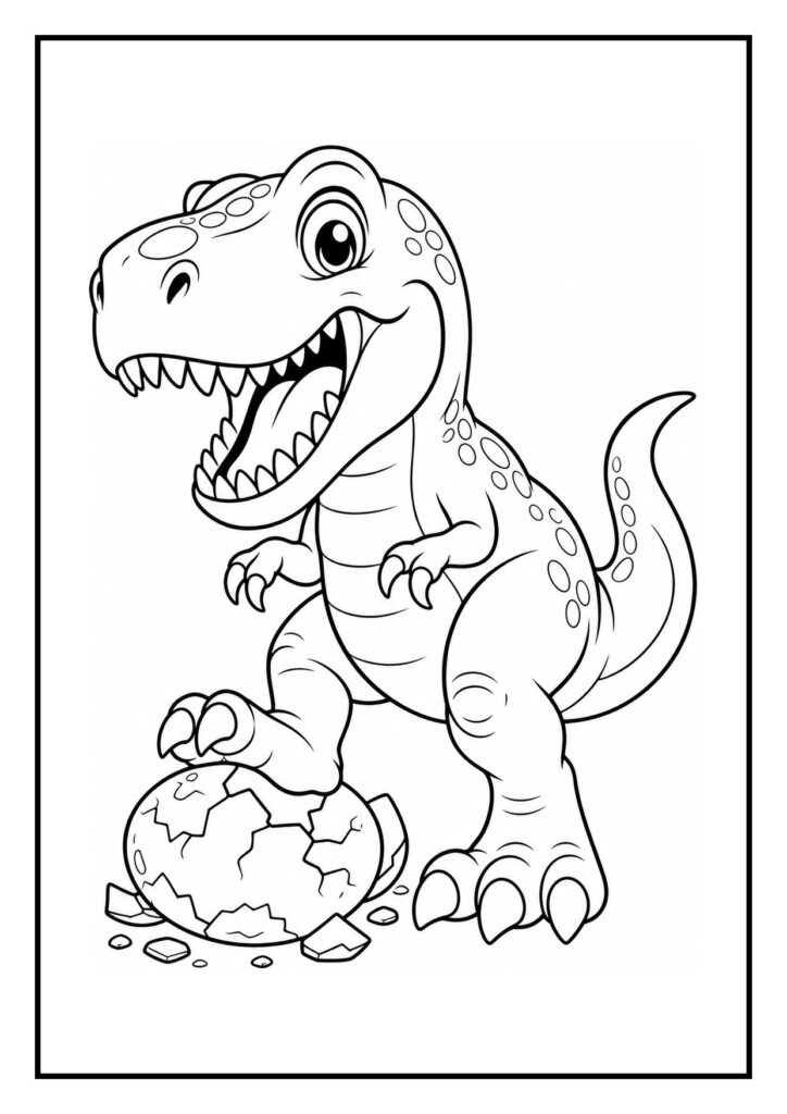 Vrolijke T-Rex die schrikt van een vlinder op zijn neus, staat met een poot op een gebroken dinosauriër ei