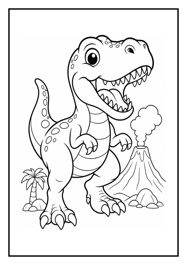 Kleurplaat van een schattige T-Rex die rent naar een grote ijskegel met vulkaan en palmboom op de achtergrond